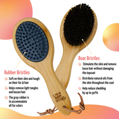 The Buddy System combo brush after-bath use highlights gentle rubber bristles on fur.