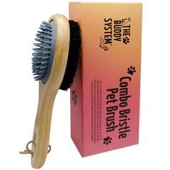 The Buddy System combo brush rubber-side detangles gently after baths for all pets.