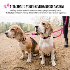 The Buddy System Double Buddy Small Pink two-dogs-walking attachment enables effortless hands-free strolls.