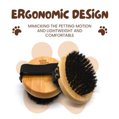 The Buddy System Pet Close Brush highlights durable bamboo construction for eco-friendly care.