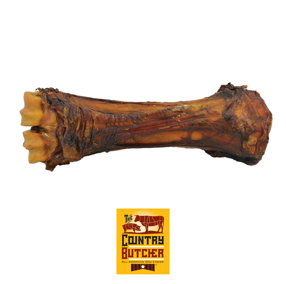 The Country Butcher beef shank bone ready for large dogs' long-lasting chew.