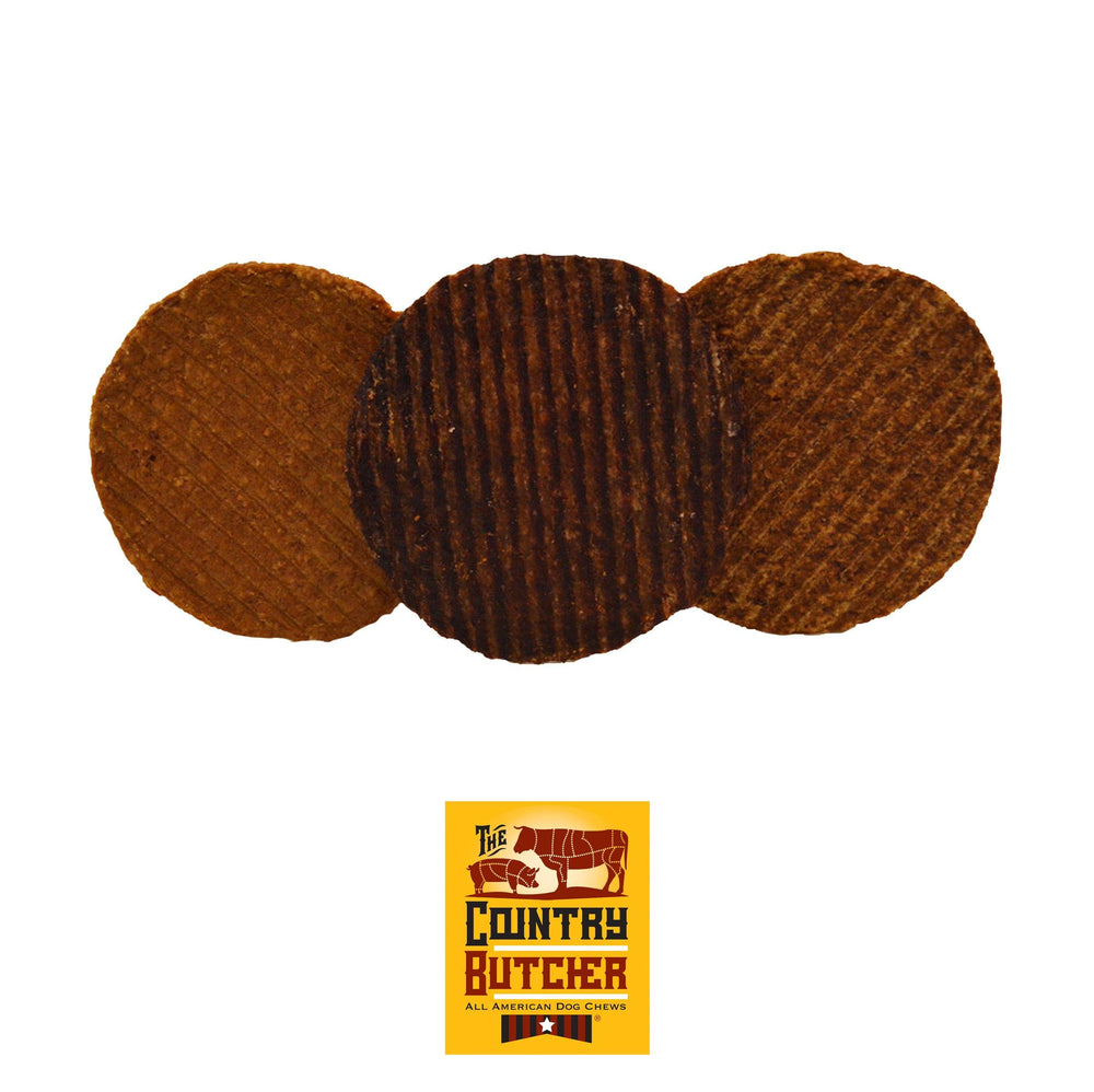 The Country Butcher Treats assorted flavors package for dogs supports light to moderate chewing.