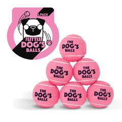 The Dog's Balls pink 6-pack package shot—bright, safe fetch toys for dogs.