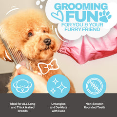 The Doodle Brush ergonomic handle dog comb offering comfortable grip during grooming