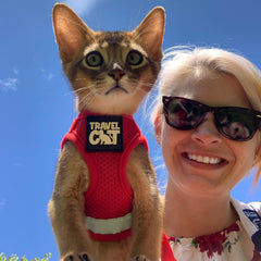 The Fat Cat Travel Cat Harness Red large side view highlights adjustable fit.