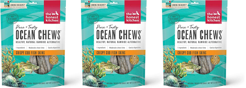 The Honest Kitchen Crispy Cod Skins Ocean Chews bag front for training rewards.