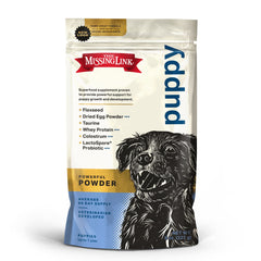 The Missing Link Puppy supplement bottle front highlighting growth support and immune health.