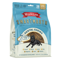 The Missing Link Smartmouth dental chews packaging on a shelf for convenient daily dental care.