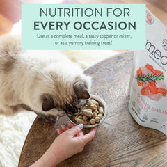 The New Zealand Natural Pet Food Co. Meow freeze-dried cat food bowl shows crunchy texture.