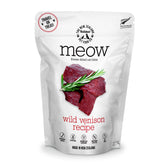 The New Zealand Natural Pet Food Co Meow Freeze Dried Wild Venison Recipe bag close highlights premium ingredients for complete meals.