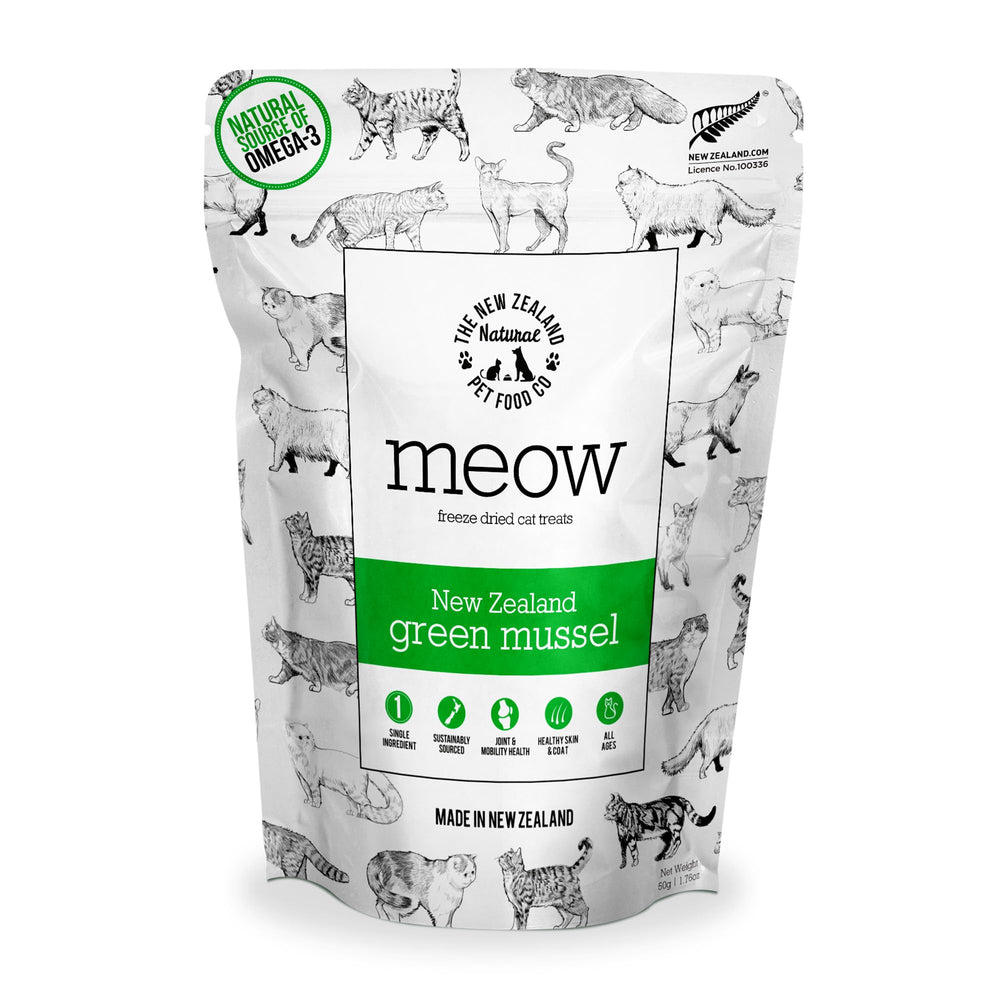 The New Zealand Natural Pet Food Co Meow Freeze Dried con mejillón verde, snack nutritivo para felinos.
