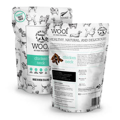 The New Zealand Natural Pet Food Co. WOOF air-dried closeup highlights protein-packed chicken neck bites.