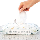 the-new-zealand-natural-pet-food-co Woof Dog Wipes packaging shows plant-based, eco-friendly design for pet care.