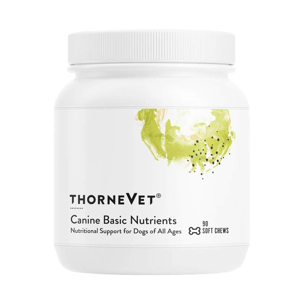 ThorneVET Canine Basic Nutrients packaging showing complete daily multivitamin.