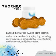 ThorneVET Canine Geriatric Basics packaging highlighting 22 vitamins and CoQ10.