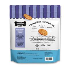 Three Dog Bakery Bark’N Crunch Chicken Chips closeup highlighting single-ingredient chicken for dogs