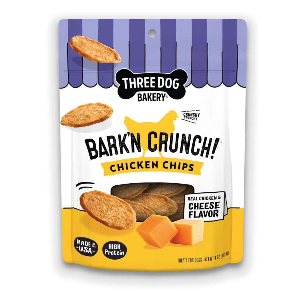 Three Dog Bakery Bark’N Crunch Chicken Chips packaging highlights USA-made, tasty dog treats.