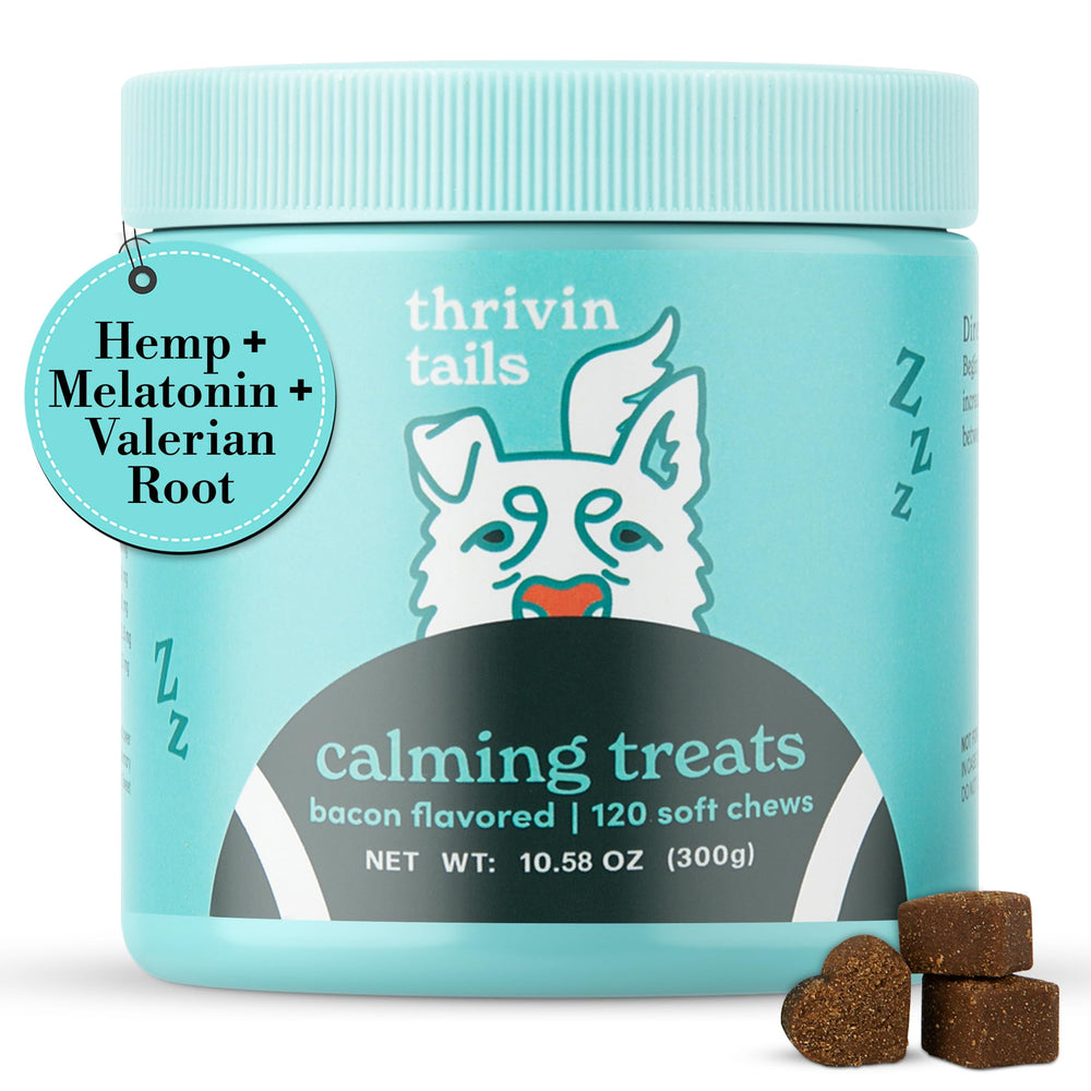 Thrivin Tails Bacon-Flavored Calming Chews bottle helps support calmness during fireworks
