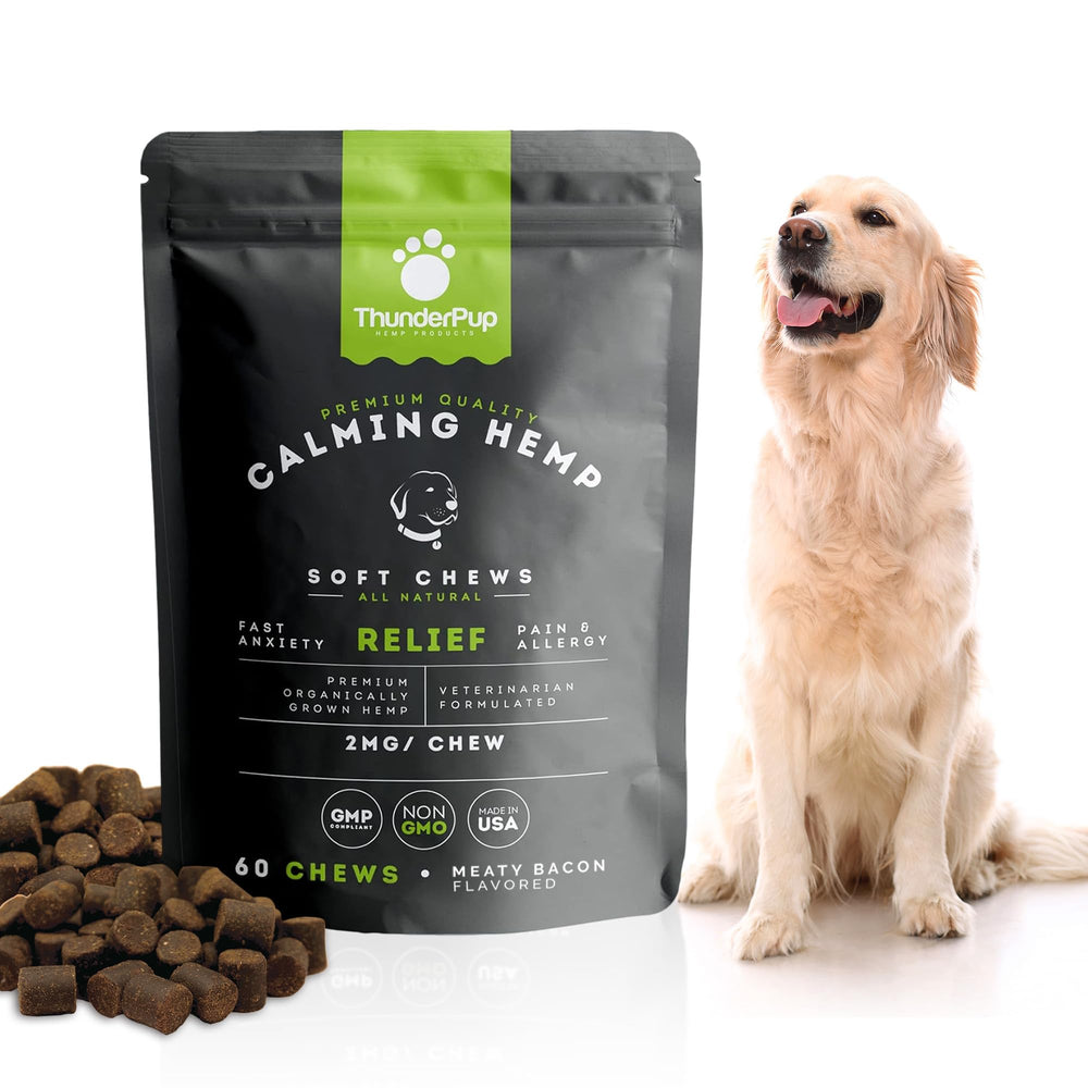ThunderPup Premium Hemp Chews packaging front showcasing calming support for dogs.