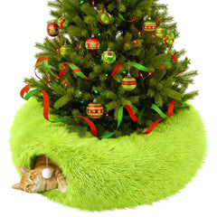 Thyle Christmas cat tunnel bed under Christmas tree creates a cozy hiding spot for pets.