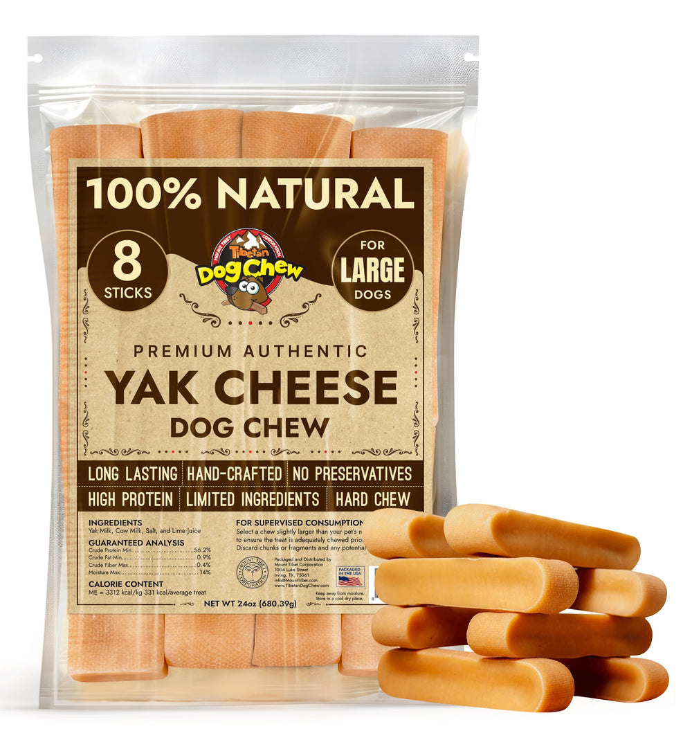 Tibetan Dog Chew Yak Cheese Sticks packaging close-up showing natural ingredients and no additives