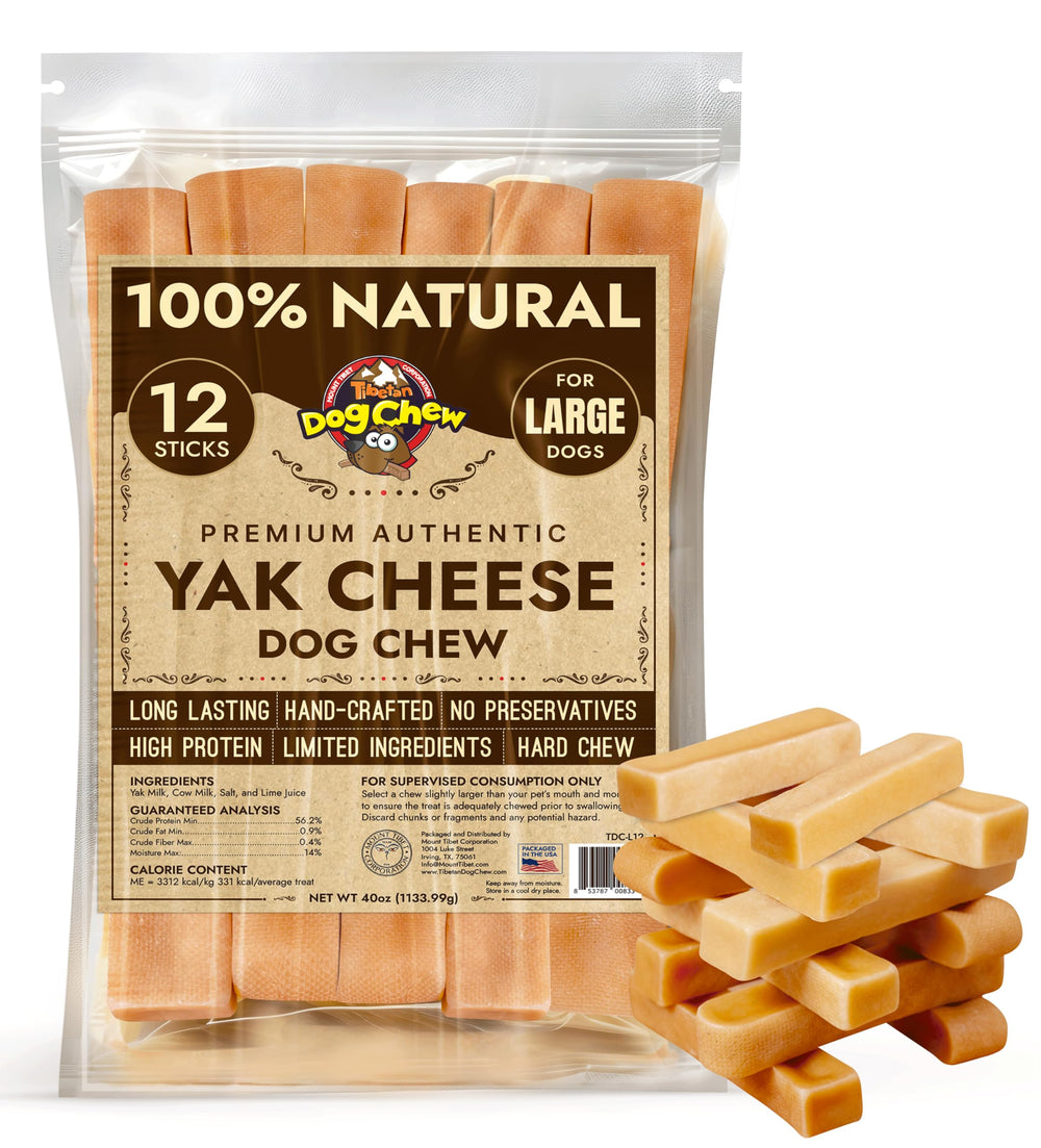 Tibetan Dog Chew Yak Cheese Sticks packaging shows a long-lasting, additive-free treat.