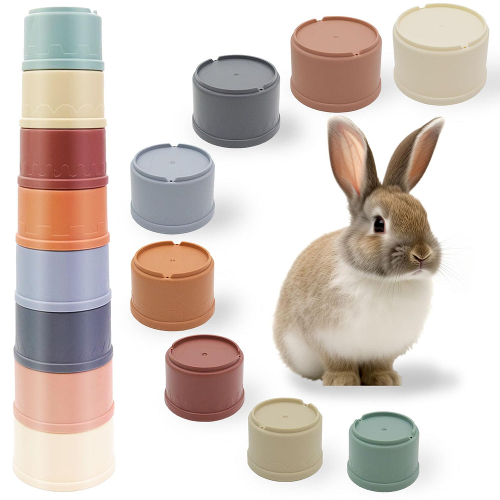 TiciKim stacking cups for rabbits in a rainbow, offering enrichment and active play.