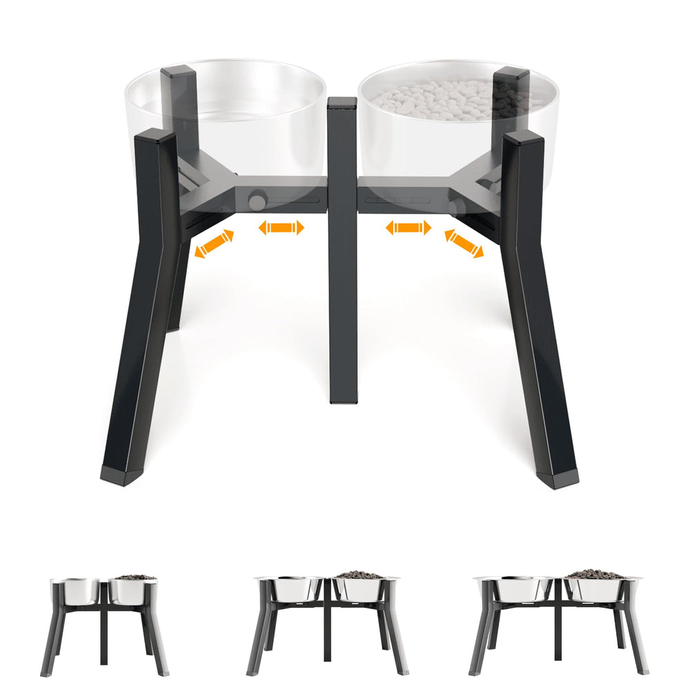 TIDANT elevated dog bowl stand shows adjustable width for diverse bowls, easier setup.