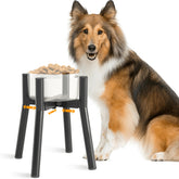 TIDANT elevated dog bowl stand side view shows adjustable width for comfortable meals.