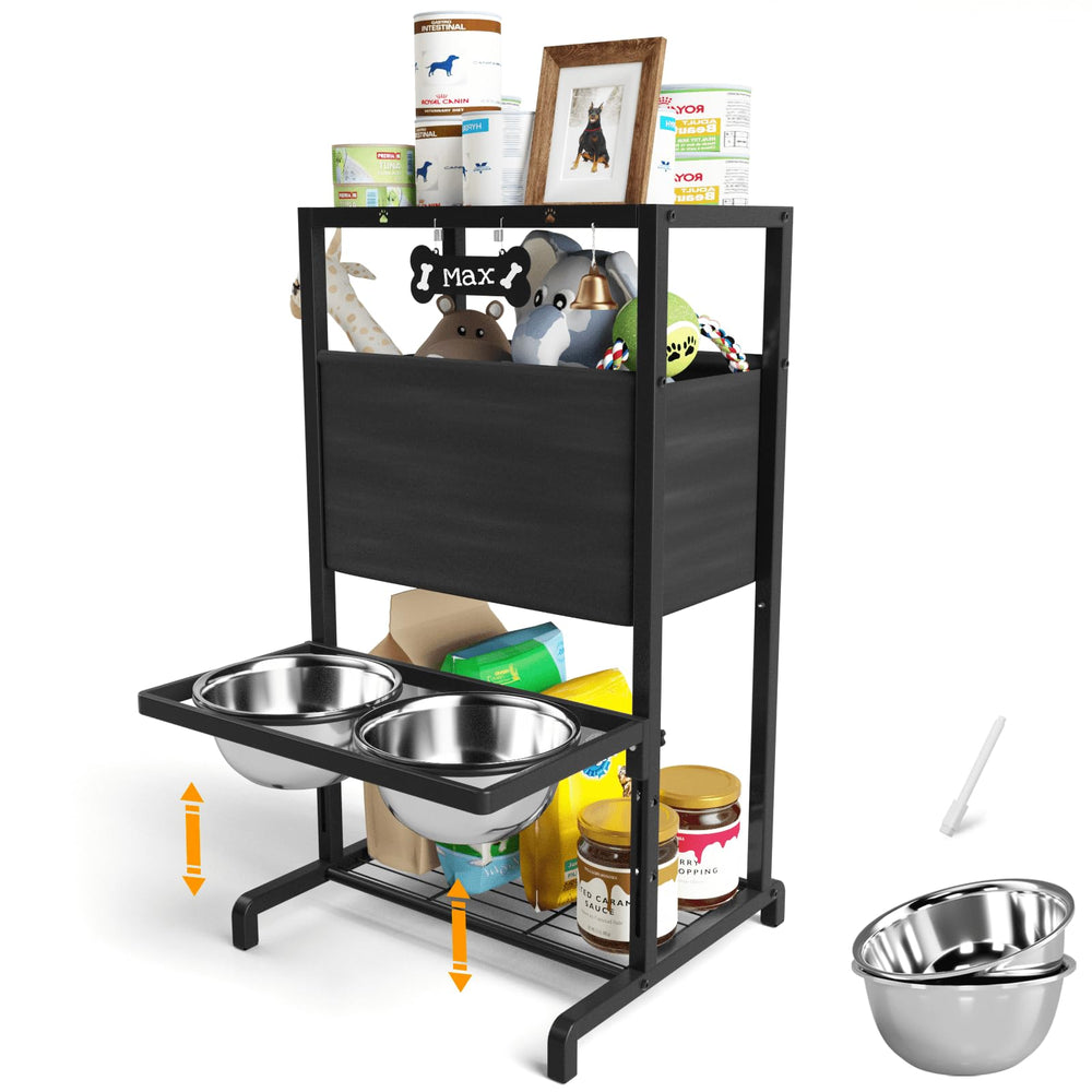 TIDANT elevated dog bowl stand with storage promotes tidy feeding.