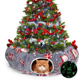 Tidjani cat tunnel Christmas tree skirt offers festive design and tree protection for inquisitive cats.