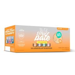 Tiki Cat Silver Pate Variety Pack Box shows convenient 12-pack packaging for seniors