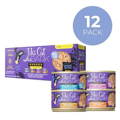 Tiki Cat After Dark Shreds close-up reveals protein-rich meat shreds for carnivorous appetites.