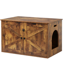 Timberer cat litter box enclosure front view in rustic brown for discreet storage