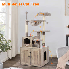Timberer cat tree pompoms hammock area offers cozy lounging