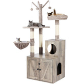 Timberer Litter Box Enclosure cat-tree front view demonstrates privacy and play in one stylish unit