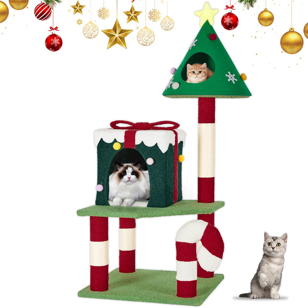 TIMIEEYA Christmas Cat Tree Tower front view showcases multi level play and cozy lounging.