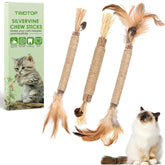 TINDTOP Silvervine Sticks 3-pack with feather toy for engaging play and stress relief.