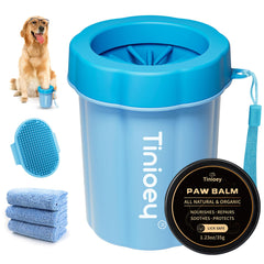 Tinioey dog paw cleaner cup enables easy muddy paw cleaning.