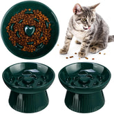 Tioncy raised cat slow-feeder bowls set in dark green for elevated, mess-free meals.