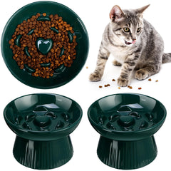 Tioncy raised cat slow-feeder bowls set in dark green for elevated, mess-free meals.