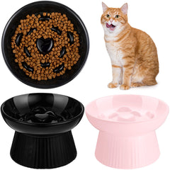 Tioncy 2-pack raised cat slow feeder bowls in black and pink for spill-free meals.