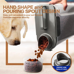 TIOVERY dog food container with wide pour spout enables clean, quick dispensing.