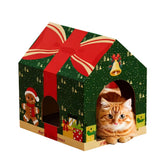 Tisoloow Christmas cardboard cat house with scratcher provides a cozy two-in-one space.