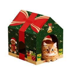 Tisoloow Christmas cardboard cat house with scratcher provides a cozy two-in-one space.