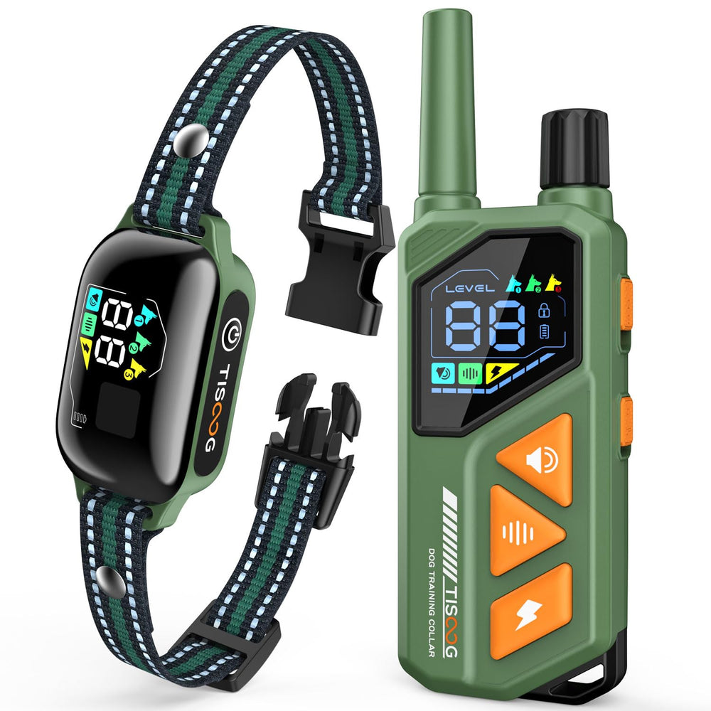 TISOOG dog shock collar remote green showing long-range training up to 3300 feet.