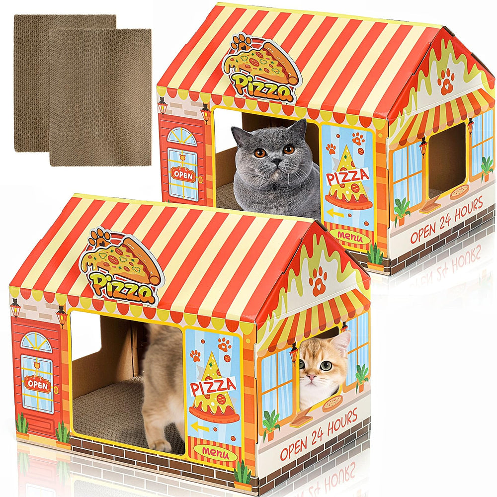 Tlence pizza shop cat house front view with wide entry for easy access.