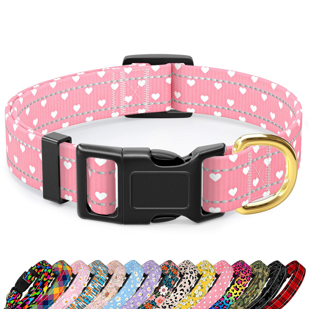 TMOODEL reflective dog collar with pink hearts boosts night visibility for safer walks.