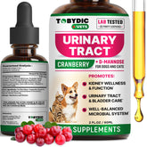 TOBYDIC UTI treatment bottle label shows urinary health support for pets.