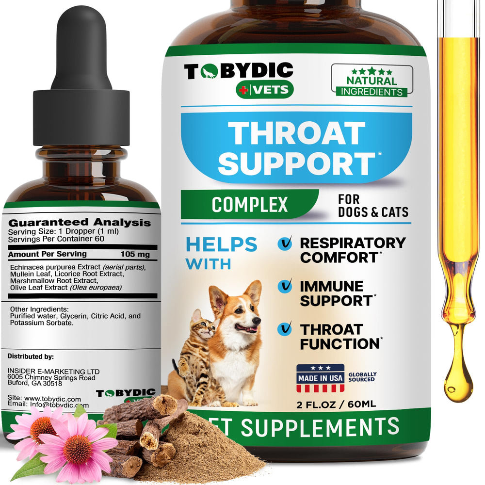 TOBYDIC kennel cough drops bottle—soothes throat and supports calm breathing for pets.